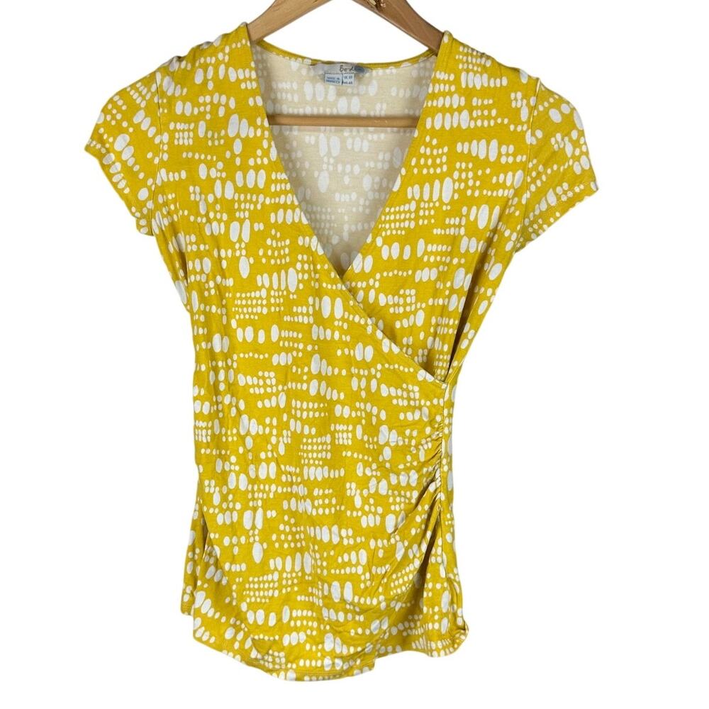 Boden Women's Faux Wrap Yellow White Rouched Top Size US 4 Excellent Condition